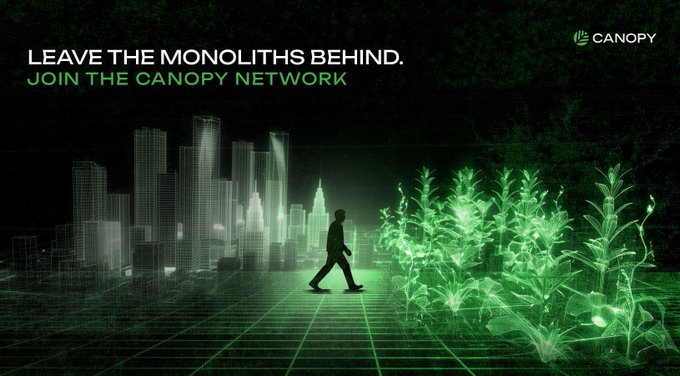A digital poster for 'CANOPY' with the tagline 'LEAVE THE MONOLITHS BEHIND. JOIN THE CANOPY NETWORK,' depicting a silhouette of a person walking away from a grayscale city toward glowing green foliage.