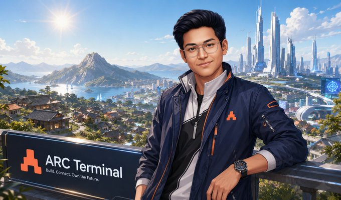 A young man with glasses wearing a navy jacket with orange accents stands beside a sign reading 'ARC Terminal - Build. Connect. Own the Future,' overlooking a futuristic cityscape with mountains and water in the background.