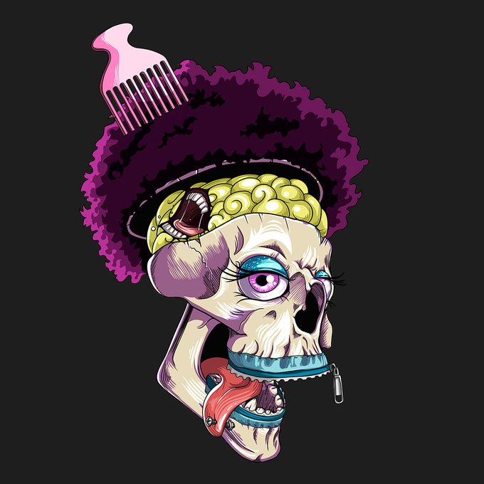 A stylized zombie/skull character with a purple afro, exposed yellow brain with a worm, pink comb on top, and protruding tongue on a black background.