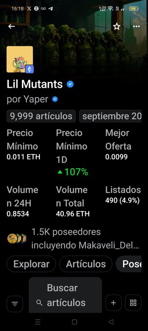 Mobile screenshot of an NFT collection page for 'Lil Mutants' by Yaper on OpenSea, showing 9,999 items, floor price 0.011 ETH, and 1.5K owners.