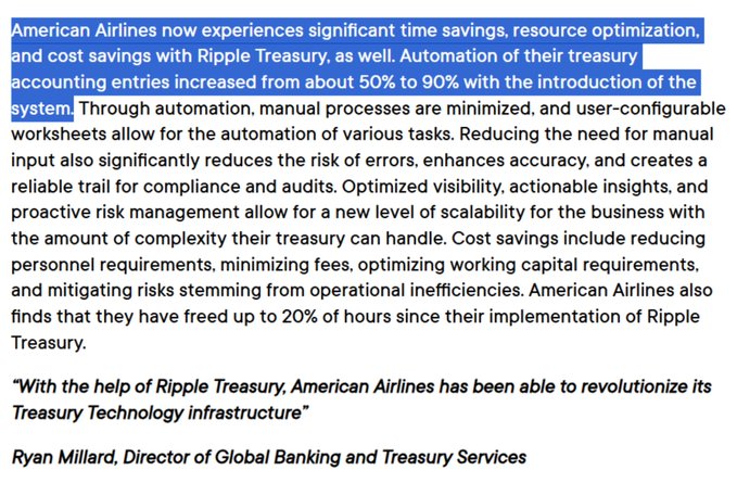 The image shows a text box with information about Ripple Treasury, which is an American Airlines company that offers Treasury Management services. The text explains that American Airlines now experiences significant time savings by using Ripple Treasury, as they have automated processes for accounting and resource allocation. This automation has reduced the need for manual tasks and increased efficiency in managing their finances. The post also mentions that the Treasury Management system allows for the creation of new risk management strategies to optimize costs and reduce errors.
