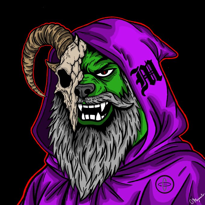 A menacing green-skinned figure with a long gray beard, sharp fangs, and a ram skull mask on one side wears a purple hooded cloak, with the text "ill" visible on the hood and a small symbol below. The stylized artwork reflects the creator's pride in @CoinMiyamoto's talent for translating personal history and hobbies into unique profile pictures and memetic imagery.