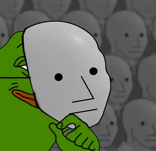 A cartoon scene showing a pale, long-faced character in green clutching the front of its garment while a repeated crowd of gray face-like figures fills the background.