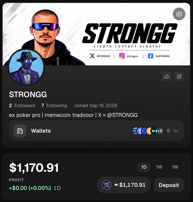 A social media profile for STRONGG, a crypto content creator with 2 followers, showing a profit of $1,170.91 and connected wallets including Solana.