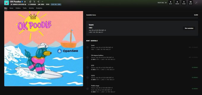 A screenshot of the OK Poodles NFT project page on OpenSea displays a countdown showing "2 MINS" left to mint, with the project described as a "team" that has "fully art in no fair, no limit" and "limit in my wallet," alongside an illustration of a crowned dog surfing. The image relates to the post by showing the live minting page for OK Poodles, which the user is excited about with only 2 minutes remaining.