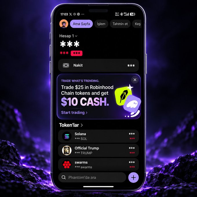 A smartphone displaying the Phantom crypto wallet app interface with Turkish menu options, showing tokens like Solana, Official Trump, and swarms, along with a promotional banner for $10 cash trading rewards.