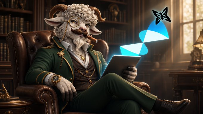 A digital artwork of an anthropomorphic sheep with horns, a monocle, and mustache sitting in a leather armchair holding a tablet, accompanied by the same blue butterfly emblem seen in image 2.