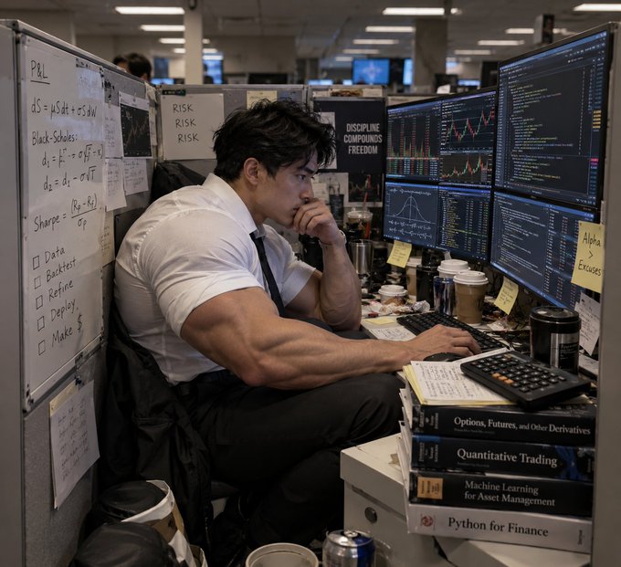 A muscular man in a white shirt and tie sits at a trading desk with multiple monitors showing financial charts, surrounded by notes on whiteboard including 'RISK' and 'Black-Scholes', and books on quantitative trading.