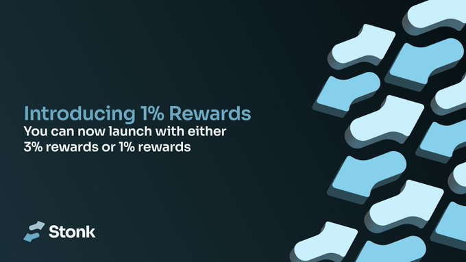 A dark promotional graphic from "Stonk" announces "Introducing 1% Rewards," with subtext stating users can launch with either 3% or 1% rewards, accompanied by an abstract pattern of light blue and white angled tiles on the right side.