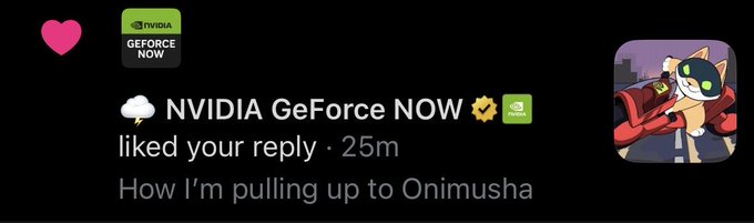 A social media interaction showing NVIDIA GeForce NOW replying to a user with 'How I'm pulling up to Onimusha' alongside a cat character icon.
