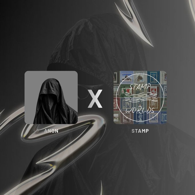 The image features two square icons - one for "Anon" and another for "Stamp World". The "Anon" icon has a person wearing a hooded cape, while the "Stamp World" icon displays a collection of 180 postage stamps from various countries, each representing a different nation with its unique history, culture, landmarks, and heritage.