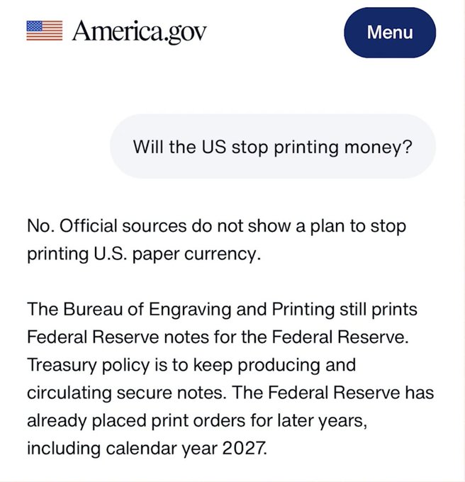 A screenshot from America.gov answering the question 'Will the US stop printing money?' with a 'No', explaining that the Bureau of Engraving and Printing continues to produce Federal Reserve notes.
