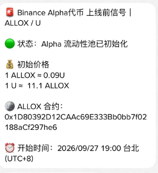 A Binance Alpha pre-listing signal for ALLOX shows an initial price of 1 ALLOX = 0.09U (1U ≈ 11.1 ALLOX), with the liquidity pool already initialized and a launch time of 2026/09/27 19:00 (UTC+8). The post notes the launch price is actually 0.05U per ALLOX, suggesting it could be a buying opportunity before the listing goes live.