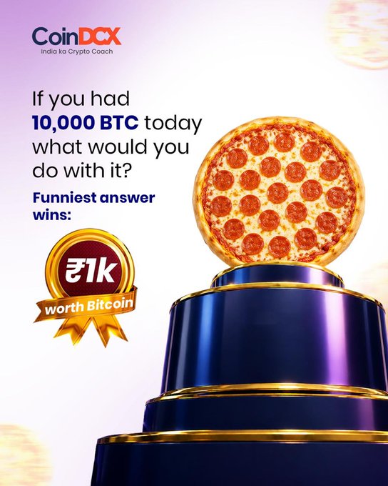 The image features a pizza with pepperoni toppings, placed on top of a blue cake or tower. The text above the pizza reads "If you had 10,000 BTC today what would you do with it? Funniest answer wins! @ashokkumar10875 @nidhiiiee @Deepak704174 @OffManpreet2 @PrabhakarRoy07 @Prajapati1842 @Nitheeswar_sai @Meena_1964 @abhilashp28645 @sailajaraya1". The pizza is placed on a blue cake or tower, and the text above it suggests that there might be a contest related to Bitcoin.