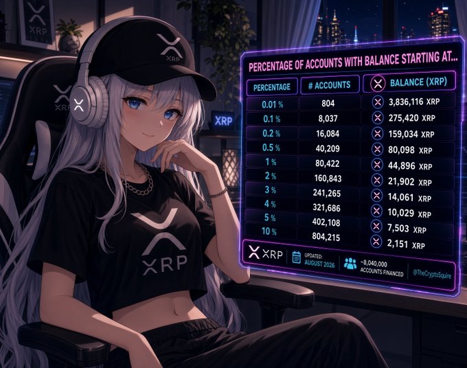 An anime-style character wearing a black cap, headphones, and an XRP-branded shirt sits in a gaming chair beside a glowing data table titled "PERCENTAGE OF ACCOUNTS WITH BALANCE STARTING AT..." which breaks down XRP holdings across roughly 8 million financed accounts—showing tiers ranging from 0.01% (804 accounts holding 3,836,116 XRP) to 10% (804,215 accounts holding 2,151 XRP each), reinforcing the post's point that accumulating more XRP coins matters more than fiat value.