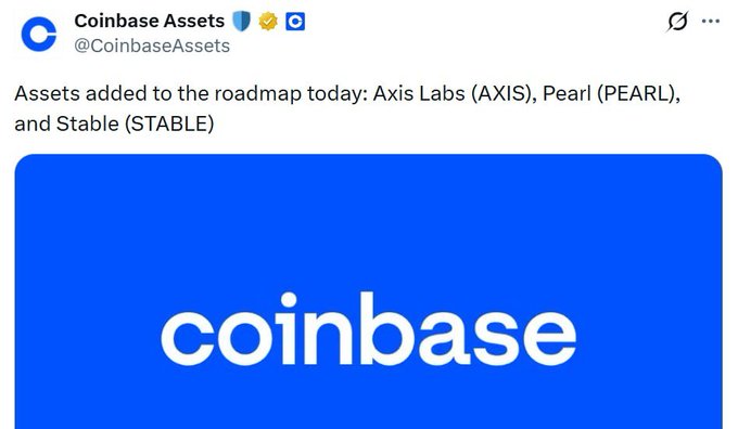 A Coinbase Assets post reads, “Assets added to the roadmap today: Axis Labs (AXIS), Pearl (PEARL), and Stable (STABLE),” above a large blue Coinbase logo.