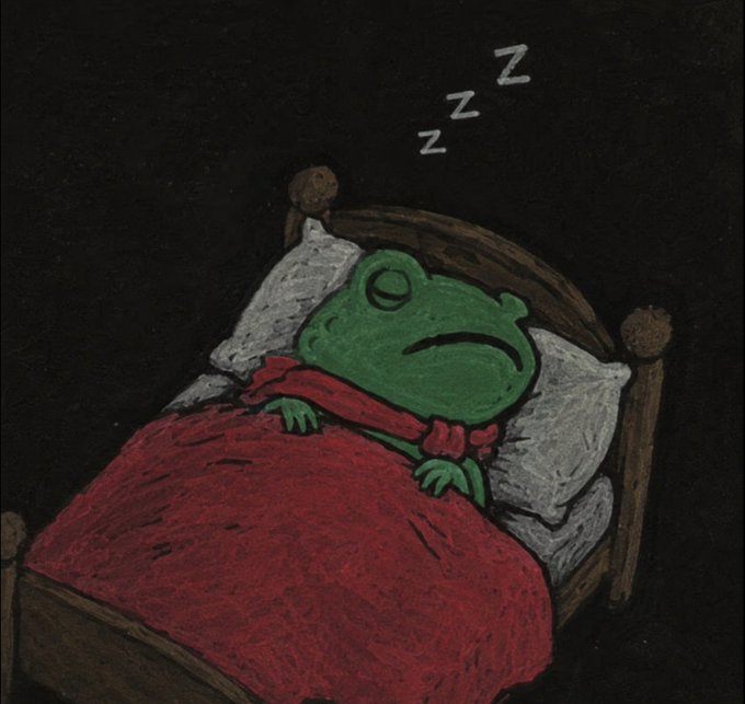 An illustration of a green frog sleeping in a wooden bed with a red blanket, featuring 'Zzz' symbols above its head against a dark background.