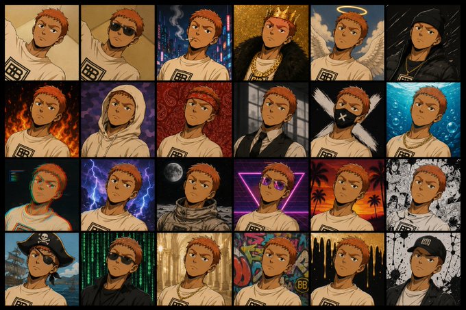 A 4x6 grid of 24 anime-style illustrations showing the same red-haired character in various outfits and settings (king, angel, pirate, astronaut, samurai, etc.), branded with 'BB'.