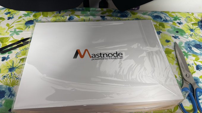 A sealed package labeled 'Mastnode - powered by Masctchain' rests on a floral surface next to a pair of blue-handled scissors.