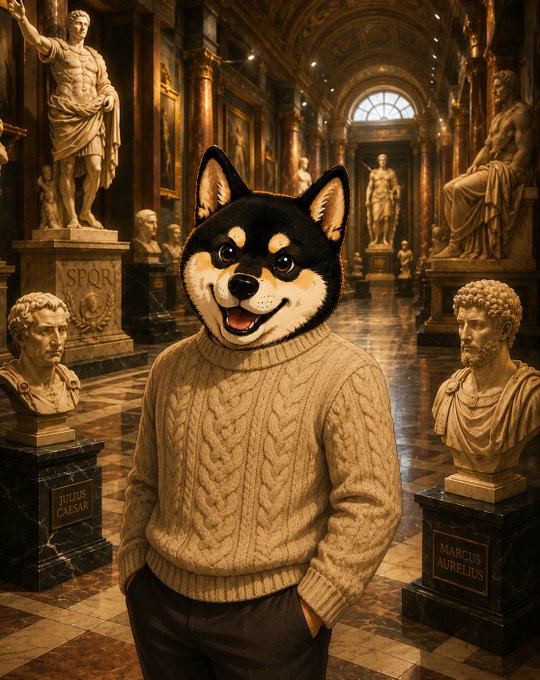 An AI-generated image of a smiling Shiba Inu wearing a beige cable-knit sweater, standing in a grand museum hall filled with classical Roman statues, including busts labeled 'JULIUS CAESAR' and 'MARCUS AURELIUS'.