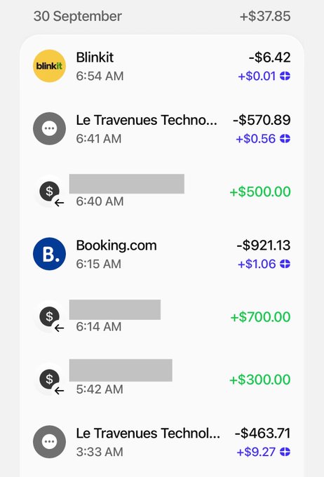 A mobile transaction history screen dated '30 September' showing various transactions including charges from 'Blinkit' (-$6.42), 'Le Travenues Techno...' (-$570.89, -$463.71), and 'Booking.com' (-$921.13), alongside several deposits totaling $1500.