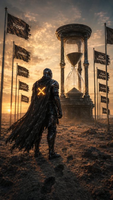 A lone armored figure with a glowing "X" on their back stands before a massive hourglass at sunset, flanked by flags bearing the ticker symbols $XRP, $HBAR, $CHRP, $QNT, and others—visually symbolizing patience and conviction while waiting for their time to arrive.

The image captures the post's message of steadfast HODLing: the figure faces the flowing hourglass without fear, embodying the "wait and see" mentality of an investor who understands their holdings in $XRP, $XLM, $HBAR, $QNT, and $ZBCN.
