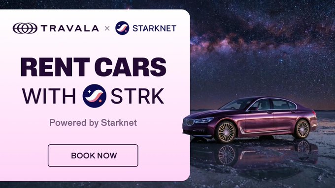 The image features a purple car parked under a starry sky with a planet visible behind it. The text "RENT CARS WITH STARKNET" is displayed, along with an advertisement for Travala's car rental service. The website address "www.travala.com/cars" is also present in the image.