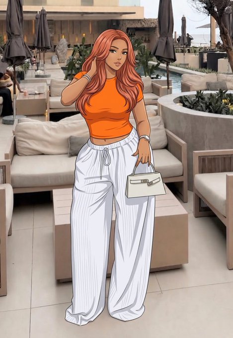 Anime-style illustration of a red-haired woman in an orange crop top and white pants holding a Hermes Birkin bag in a luxury resort setting.