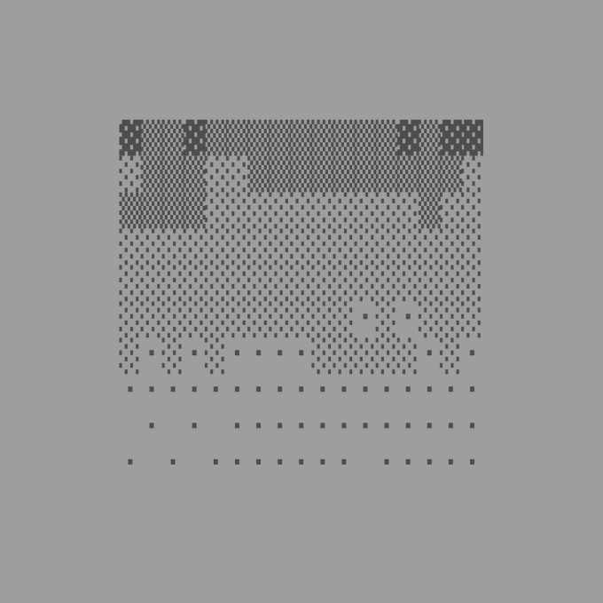 A pixel art illustration on a light gray background featuring black dots that fade downward into a sparse pattern.