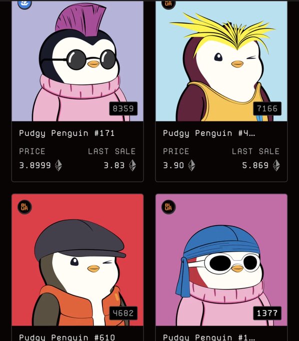 A screenshot of a Pudgy Penguins NFT marketplace showing four penguin characters with prices and last sale values in ETH, including Pudgy Penguin #171, #4..., #610, and #1...