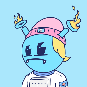 Cartoon illustration of a blue-skinned character with small fangs wearing a pink helmet with flame accents, set against a light blue background.