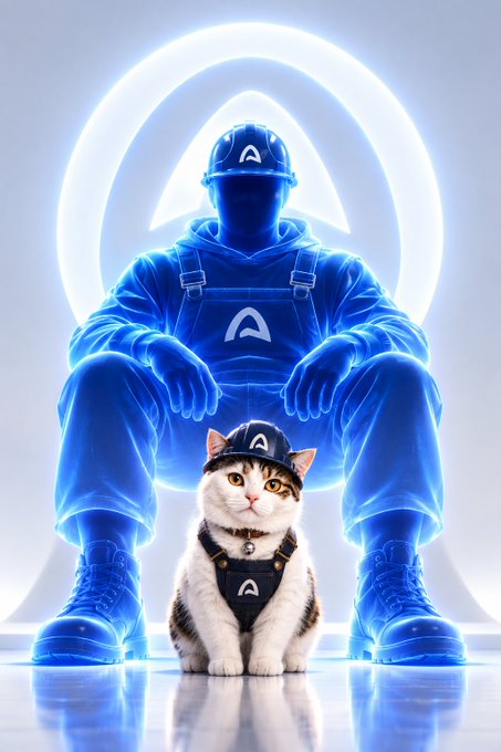 A blue glowing humanoid figure wearing a hard hat and overalls, both bearing an "A" logo, sits cross-legged with a calico cat wearing a matching cap and harness in front of a luminous "A" symbol.