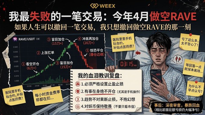 A WEEEX trading infographic in Chinese titled '我最失败的一笔交易：今年4月做空RAVE' showing a chart of a losing RAVE/USDT short trade with lessons learned.