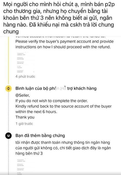 A Vietnamese social media post showing a dispute about a P2P sale where the buyer transferred to a third-party account, with Shopee support requesting refund to the buyer's source account.