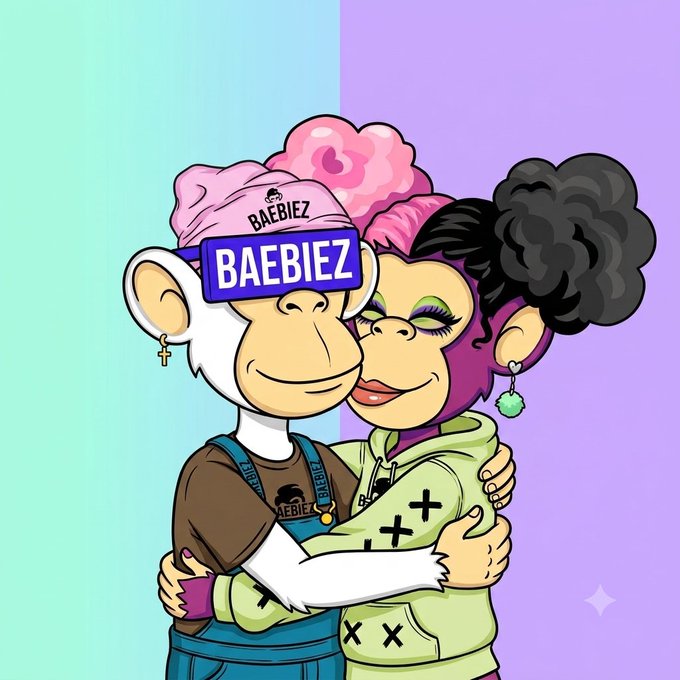 Digital illustration of two ape characters hugging, one wearing a pink beanie labeled 'BAEBIEZ' with matching shirt, and the other with dark curly hair and a green hoodie with X marks.