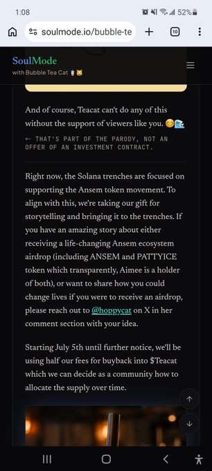 A mobile screenshot from soulmode.io/bubble-tea showing an article about 'SoulMode' and '$Teacat', discussing Solana ecosystem support for Ansem token movement and ANSEM and PATTYICE airdrops.