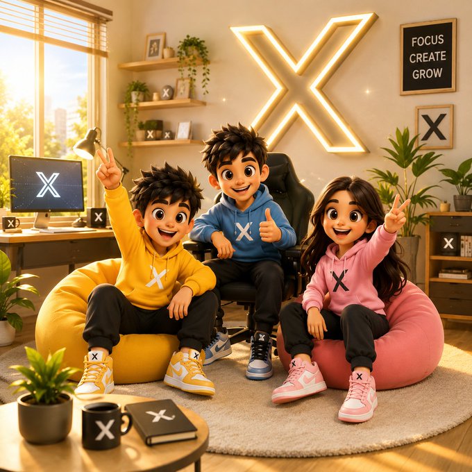 Three animated children wearing "X" branded hoodies pose enthusiastically on beanbags in a vibrant room with a glowing X on the wall, a "FOCUS CREATE GROW" poster, and "X" displayed on a monitor—reinforcing the message "GM Small Steps. Big Results." through a playful, community-driven atmosphere tied to the X brand.