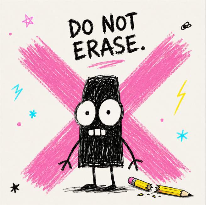 A hand-drawn cartoon illustration of a black pencil character with wide eyes standing in front of a large pink 'X' with the text 'DO NOT ERASE.' above it.