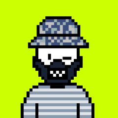 Pixel art character of a bearded man wearing a blue patterned bucket hat and a blue and white striped shirt on a bright green background.