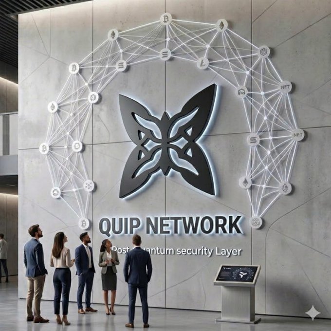 Promotional image for QUIP NETWORK featuring a large stylized butterfly-like logo on a concrete wall surrounded by a network of cryptocurrency icons, with the tagline 'Post quantum security Layer' and people in business attire standing in front of it.