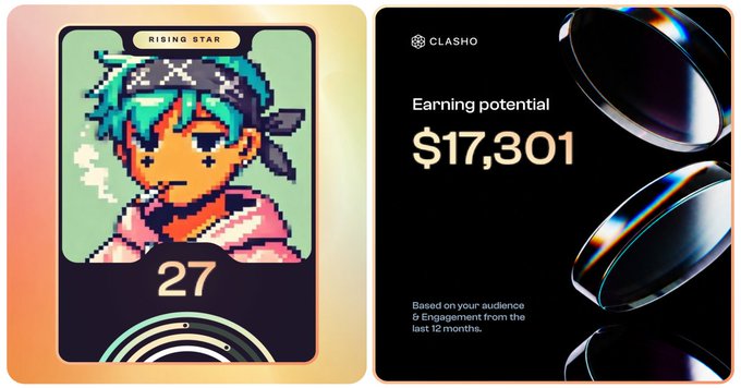 A Clasho dashboard showing a pixel-art 'Rising Star' profile card with the number 27 next to an 'Earning potential' display of $17,301 based on audience and engagement metrics from the last 12 months.