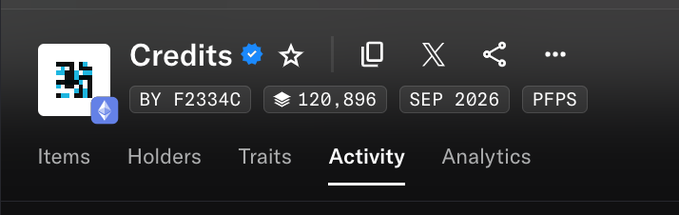 A NFT collection page header for "Credits" showing 120,896 items, 8 holders, launched SEP 2026, on the PFPS network, with the Activity tab selected.