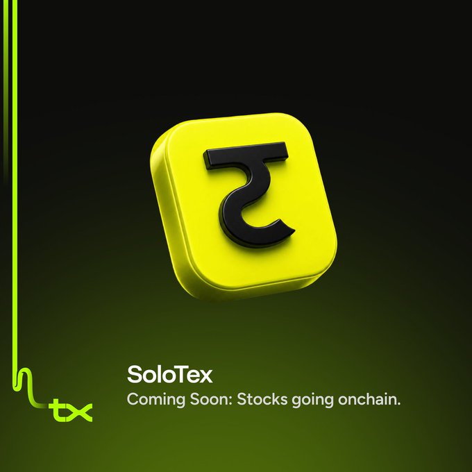 A promotional graphic featuring a yellow rounded square icon with a black symbol, with text reading 'SoloTex' and 'Coming Soon: Stocks going onchain.' on a dark green background.