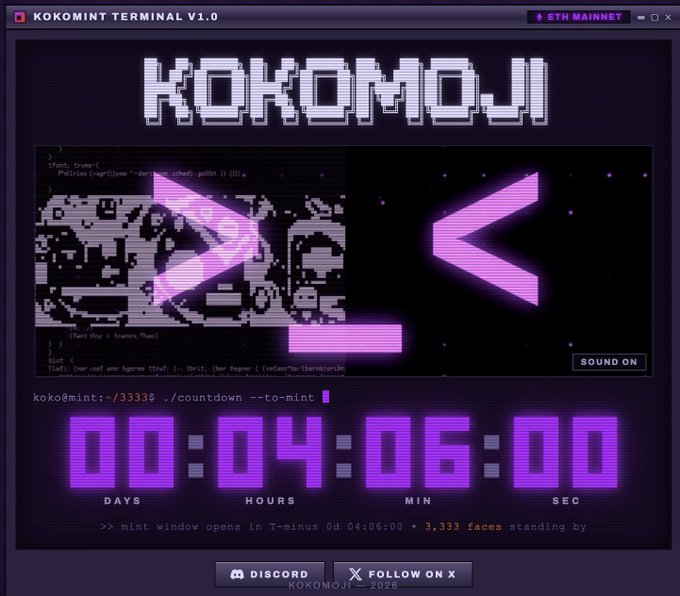 A terminal-style interface for 'KOKOMOJI' on 'ETH MAINNET' showing a countdown timer of 00:04:06:00 for a mint, with '3,333 faces standing by' and Discord/X links.