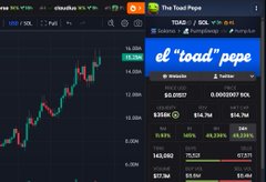 A TradingView chart shows the price of $TOAD, a cryptocurrency token, displaying the ticker "TOAD / SOL" at $0.02952, alongside a promotional graphic titled "the 'toad' pepe" with social links, providing key market data for the meme coin featured in the post.