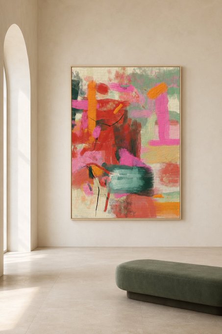 A large abstract painting with vibrant red, pink, orange, and green brushstrokes hangs on a beige wall above a green ottoman in a minimalist room with an arched doorway.
