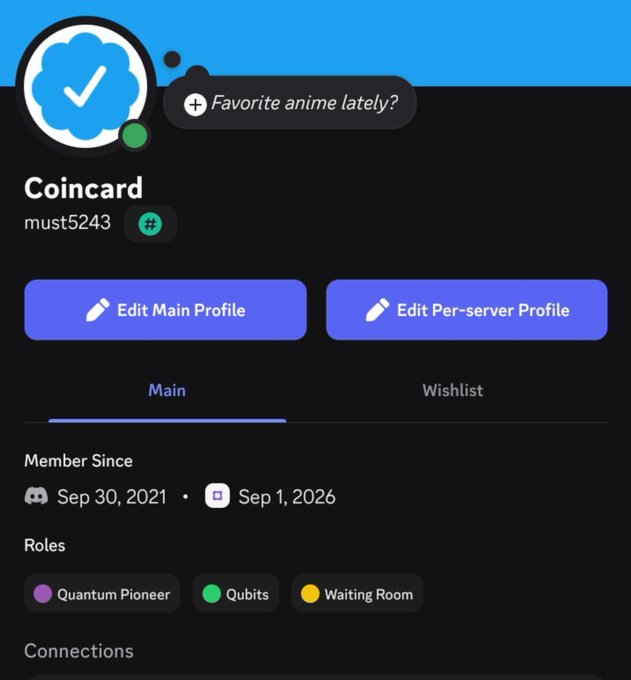 A Discord profile page for 'Coincard' (username 'must5243') showing a blue cloud avatar with a status 'Favorite anime lately?', Member Since dates, and roles including 'Quantum Pioneer', 'Qubits', and 'Waiting Room'.