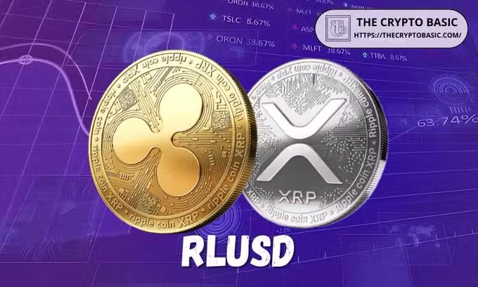 Promotional graphic from 'The Crypto Basic' (thecryptobasic.com) showing gold and silver Ripple (XRP) coins labeled 'RLUSD' against a purple background with stock ticker data.