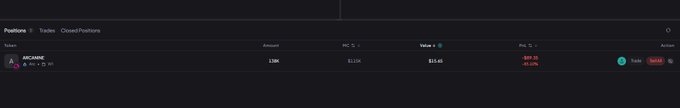 A dark-themed cryptocurrency tracking interface displays an "ARC/USDC" position under the "ClosedPositions" tab, showing a token amount of 1,000 valued at approximately $1,016 with a value of $1.01 and a PnL of -$91.20 (-91.20%), indicating a significant loss, which visually reinforces the post's warning about the risks and potential scams surrounding the ARC mainnet launch.