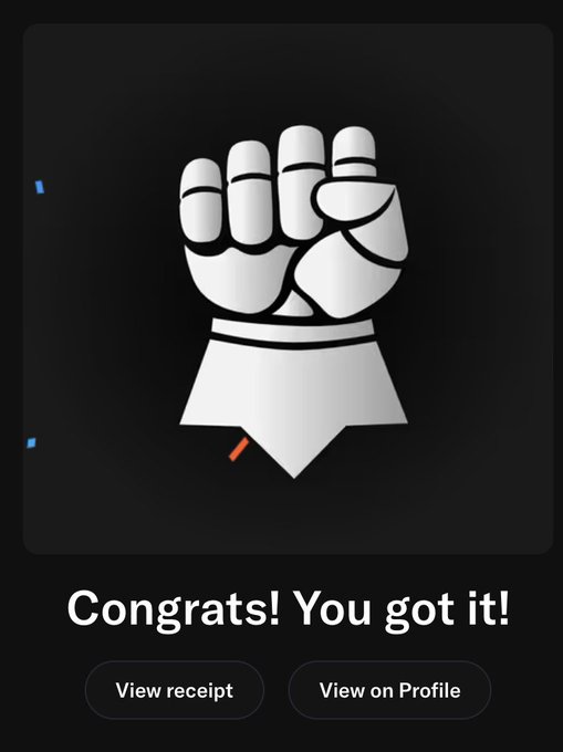 A digital receipt screen displaying a white fist logo with a Lightning Network symbol on a black background, with text reading 'Congrats! You got it!' and buttons for 'View receipt' and 'View on Profile'.